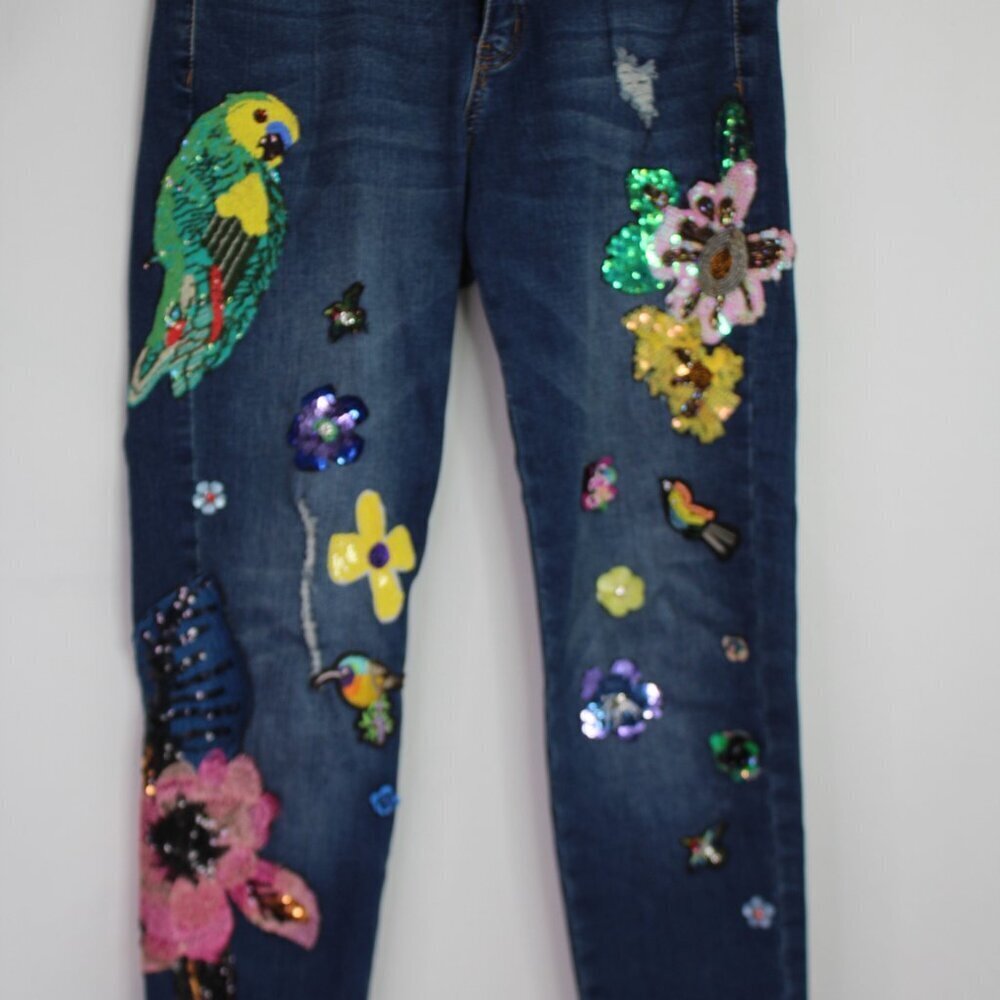 V. Cristina Parrot Floral Embellished Denim Jeans Size 4